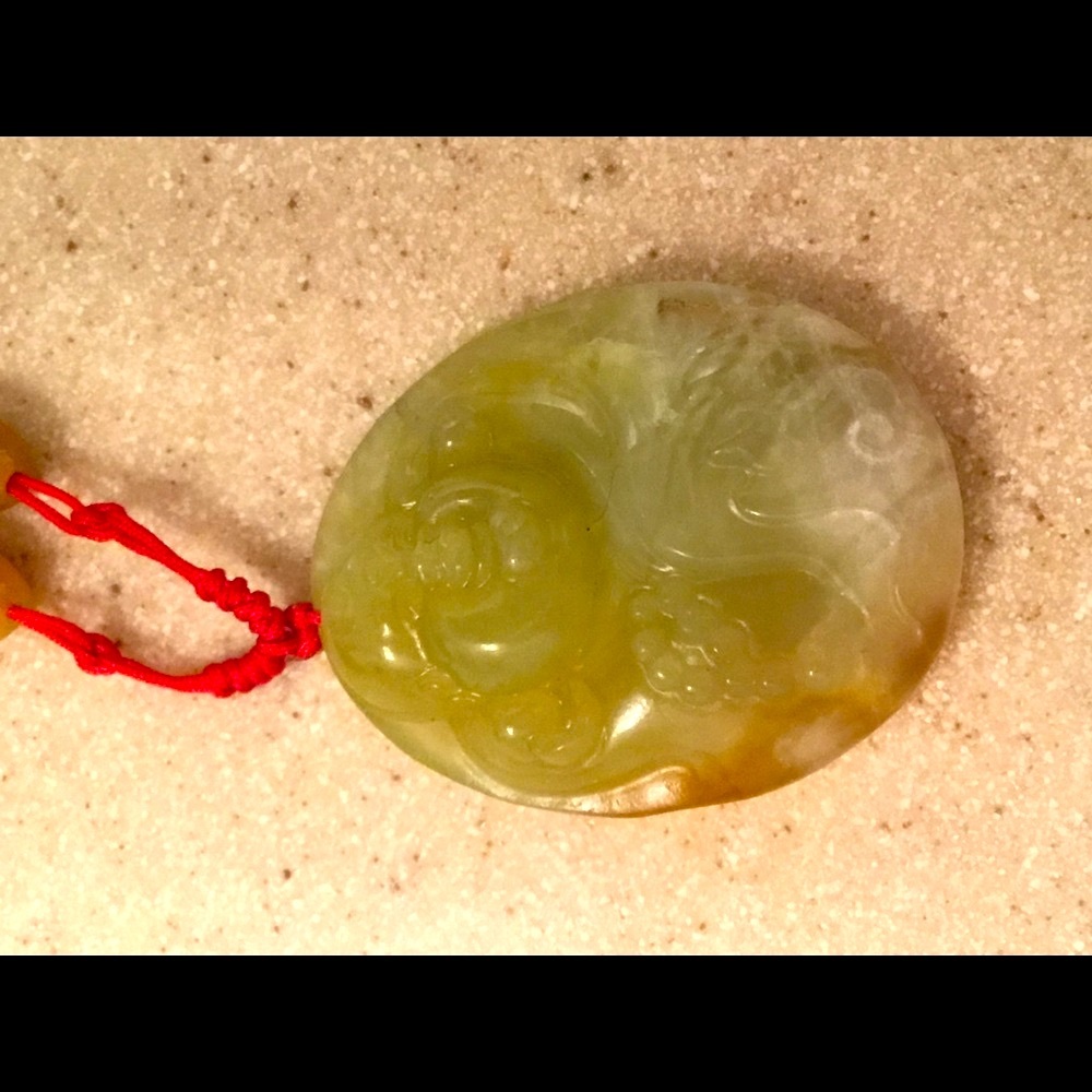 Carved Jadeite Buddha w/Barrel Beads